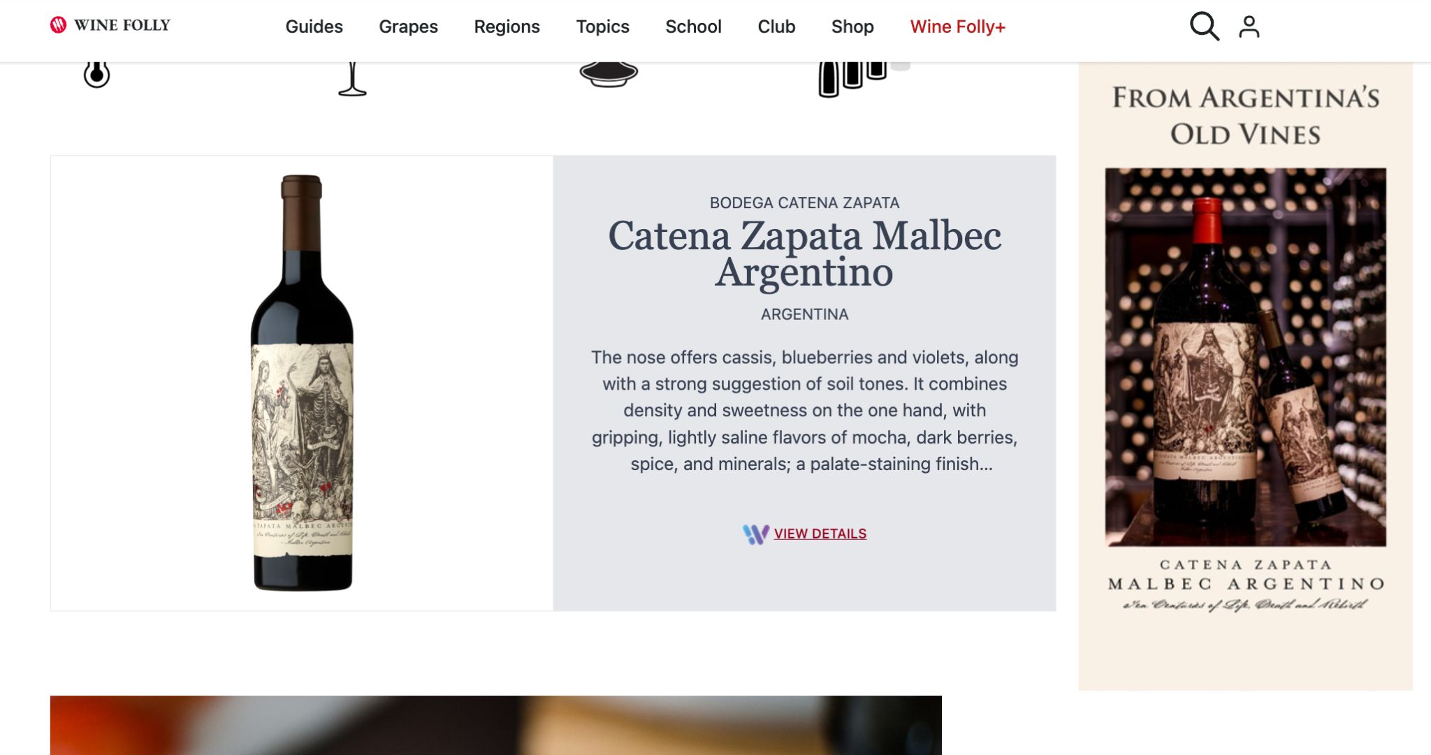 Catena article takeover on winefolly.com showing the Catena Zapata Malbec Argentino product spotlight in the main column and a 'From Argentina's Old Vines' branded sidebar lockup featuring a magnum bottle in a cellar setting.